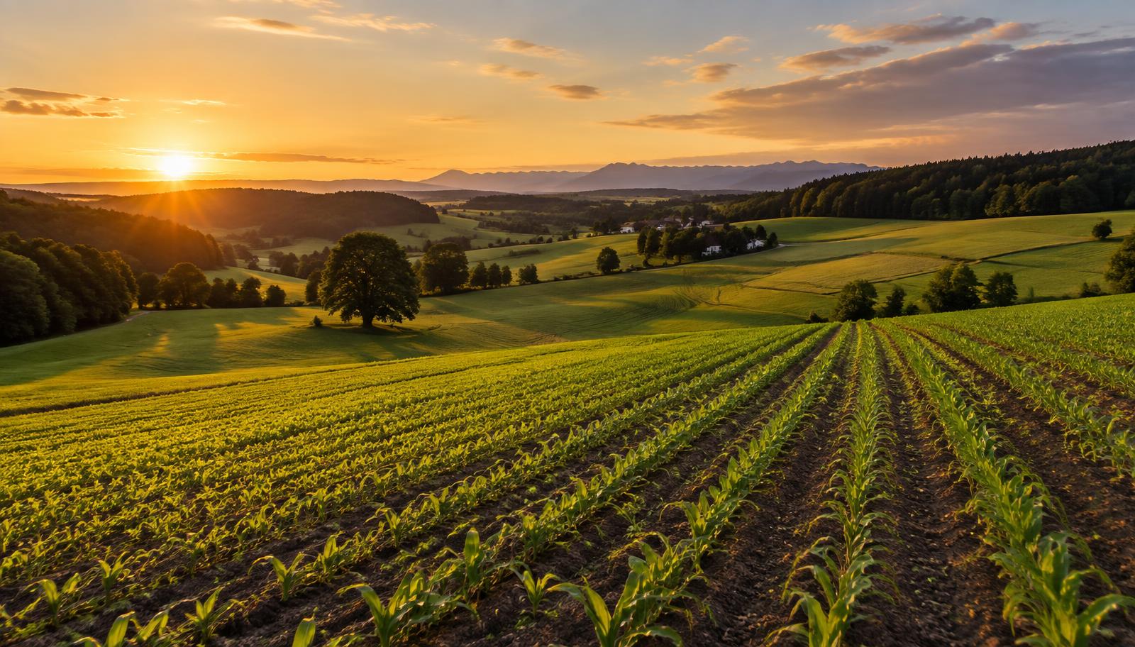 Grünes Ackerfeld im Abendlicht